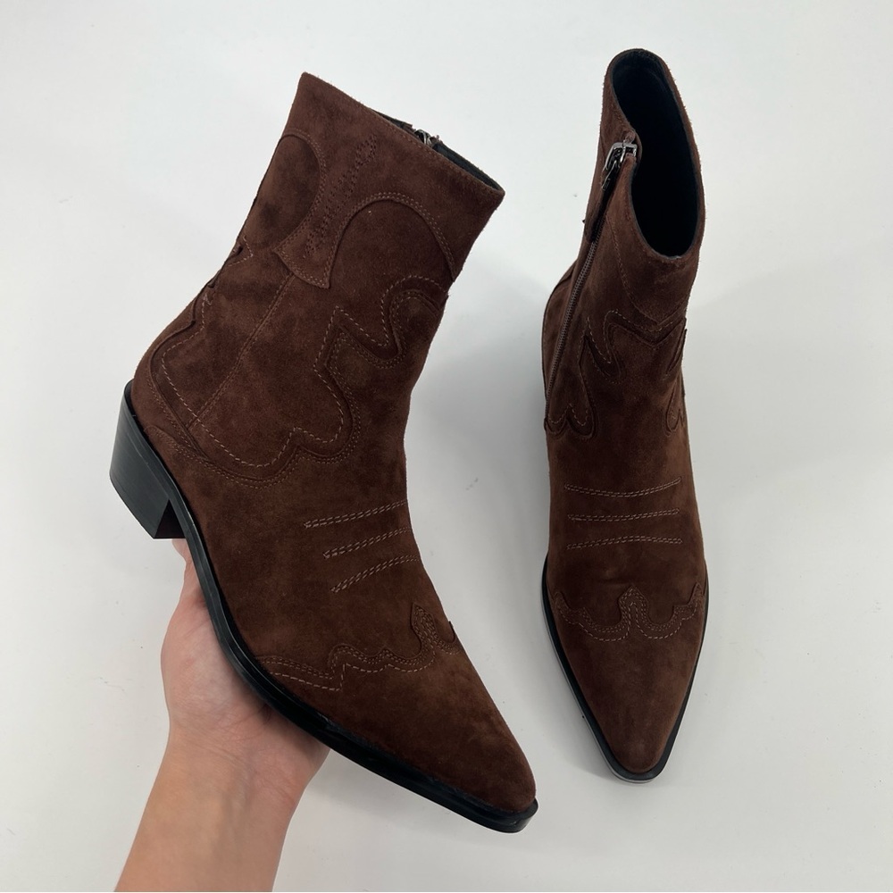 Bibi Lou Short Western Brown Suede Star Embroidered Point Toe Cowgirl Booties 37 - Picture 4 of 14